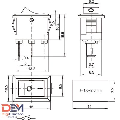 کلید راکر 2 حالته 2 پین کوچک KCD1-701